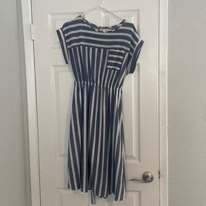 Blue and white stripe dress. Midi length.